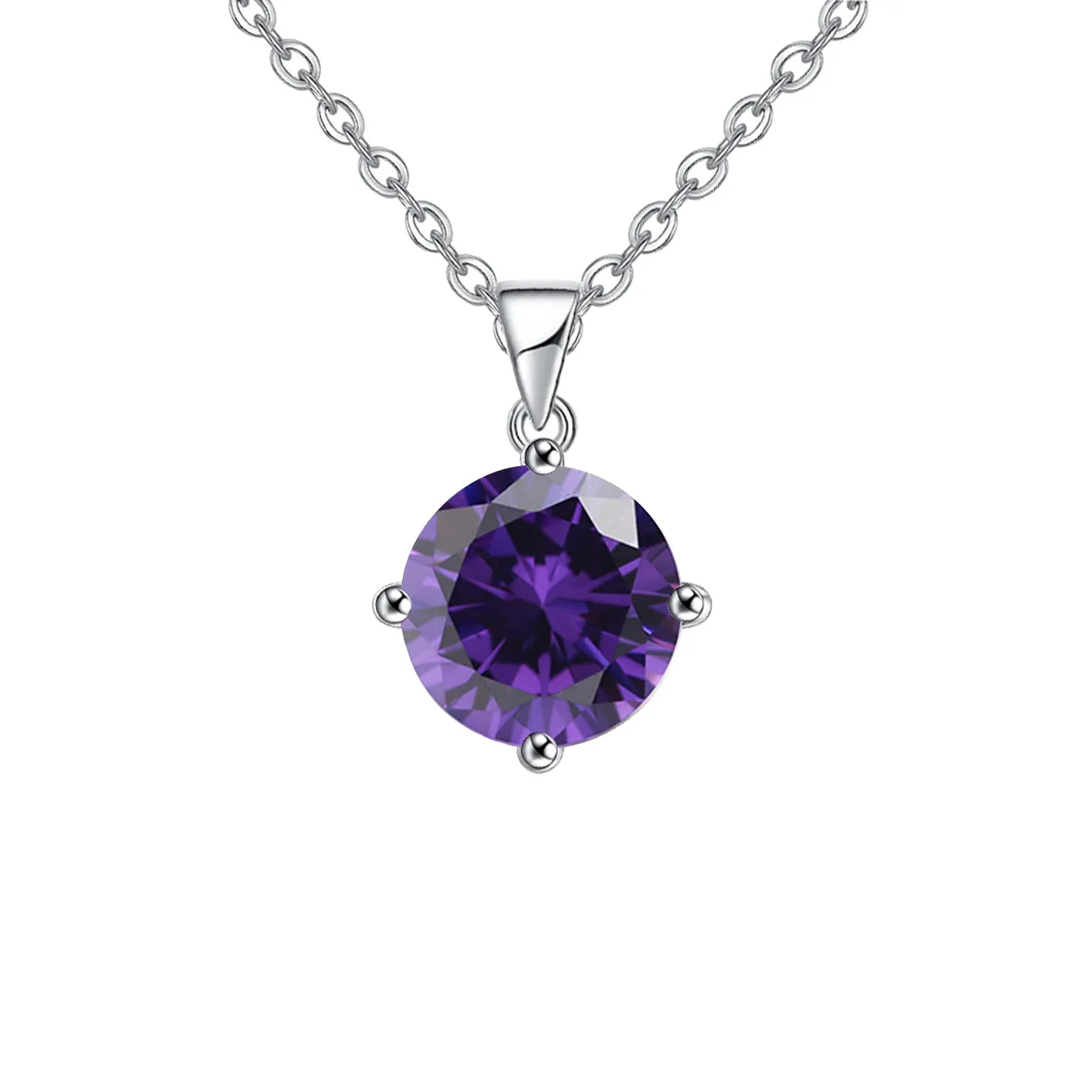 18K White Gold 3 Carat Created Amethyst Round Stud Necklace Plated 18 inch