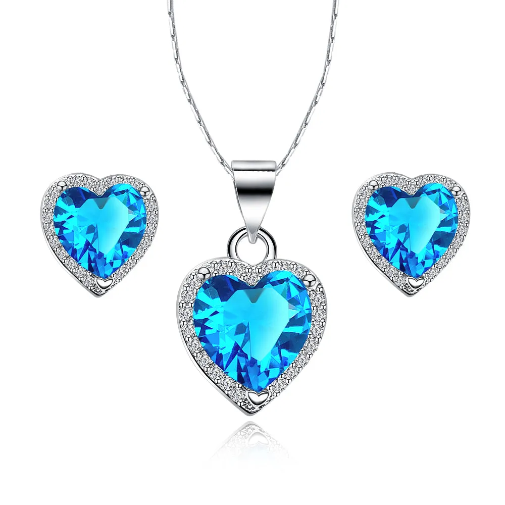 18k White Gold Plated Heart 2 Carat Created Aquamarine Full Set Necklace 18 inch