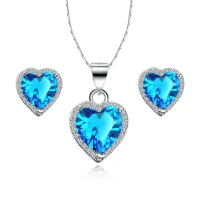 18k White Gold Plated Heart 2 Carat Created Aquamarine Full Set Necklace 18 inch