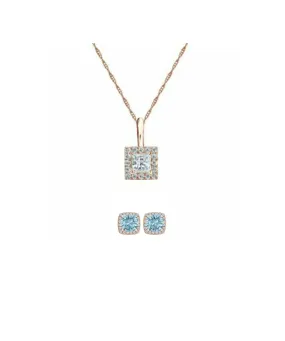 18K Yellow Gold 1ct Halo Aquamarine Square 18 Inch Necklace and Halo Earrings Set Plated