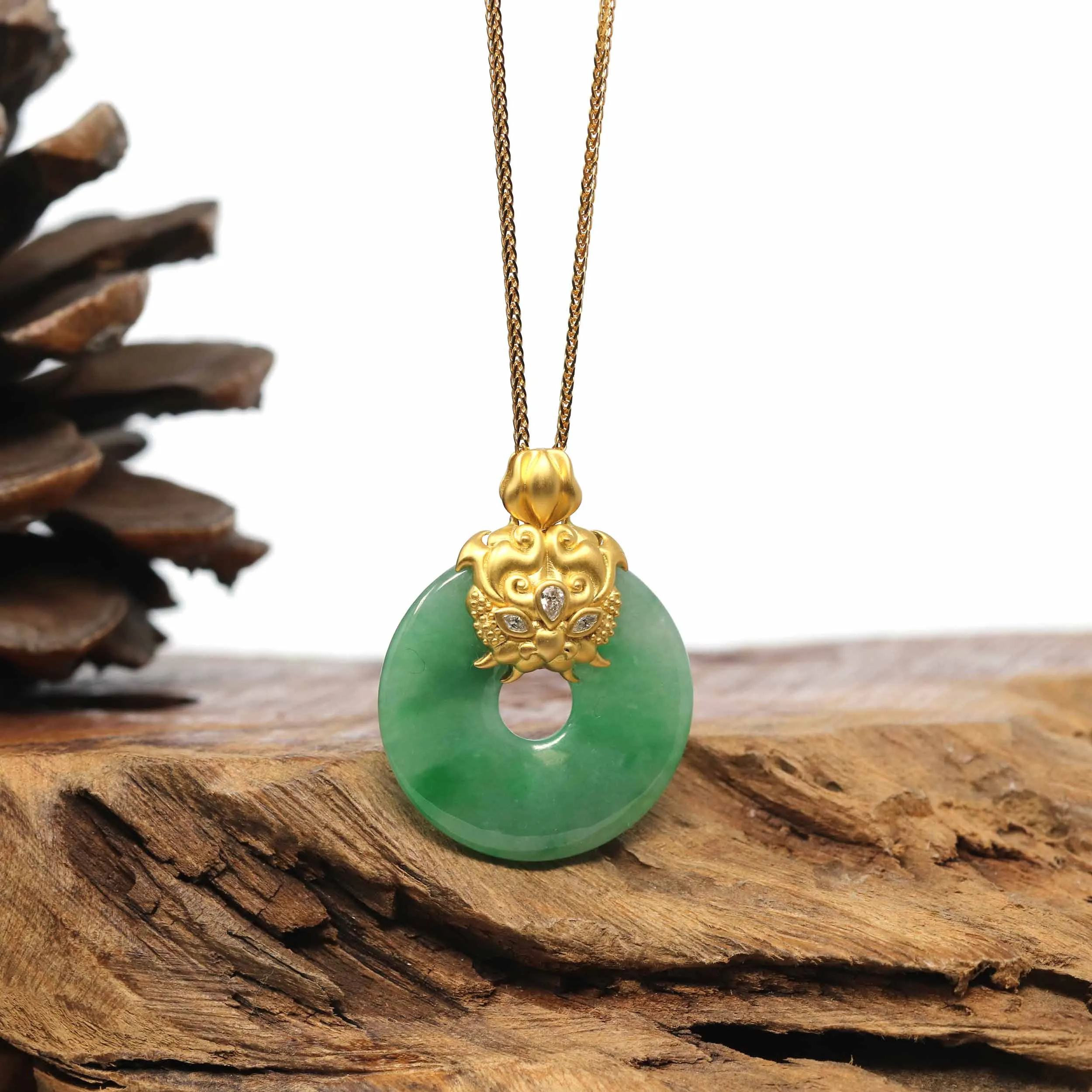 18K Yellow Gold "Good Luck Button" Necklace Forest Green Jadeite Jade Pendant Necklace