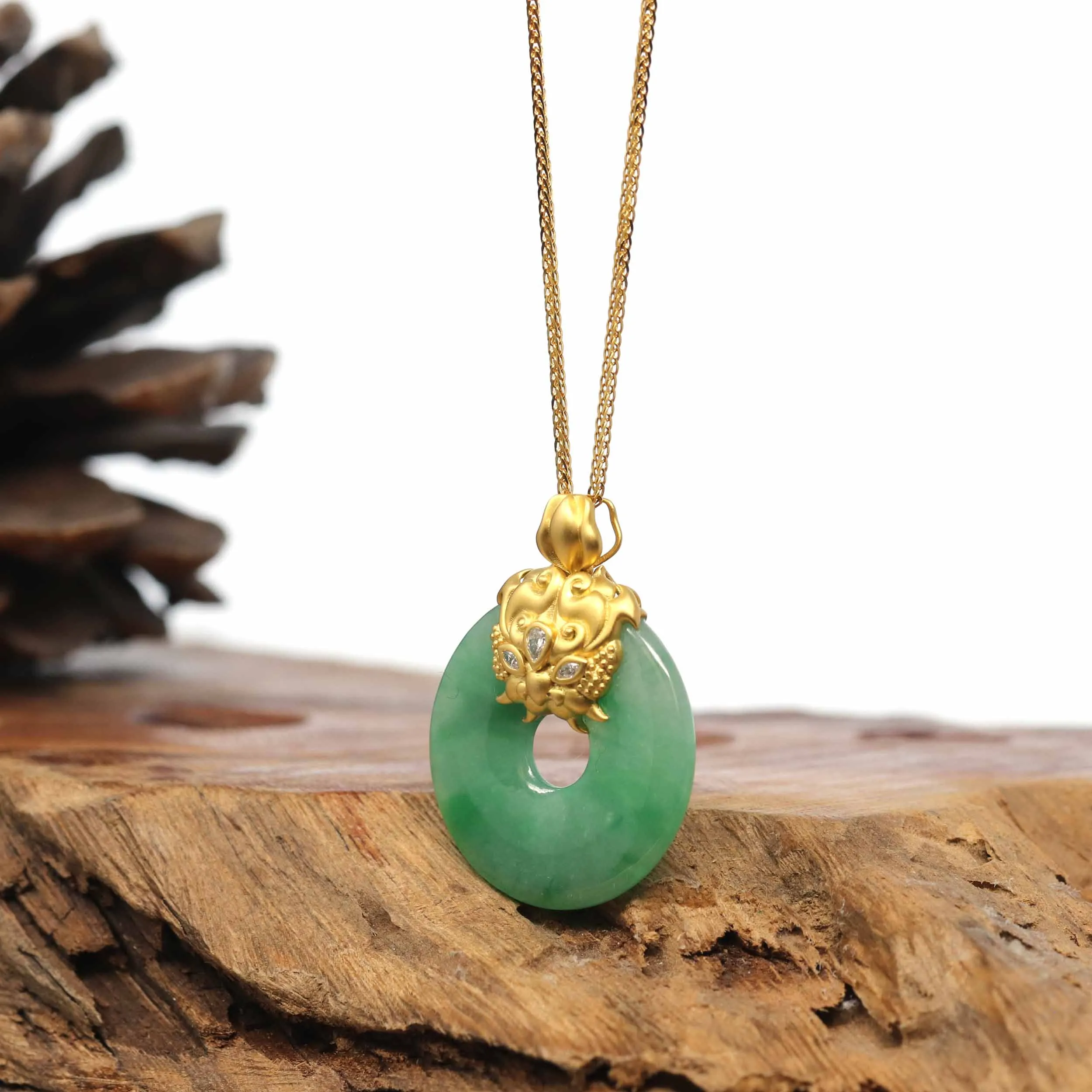 18K Yellow Gold "Good Luck Button" Necklace Forest Green Jadeite Jade Pendant Necklace