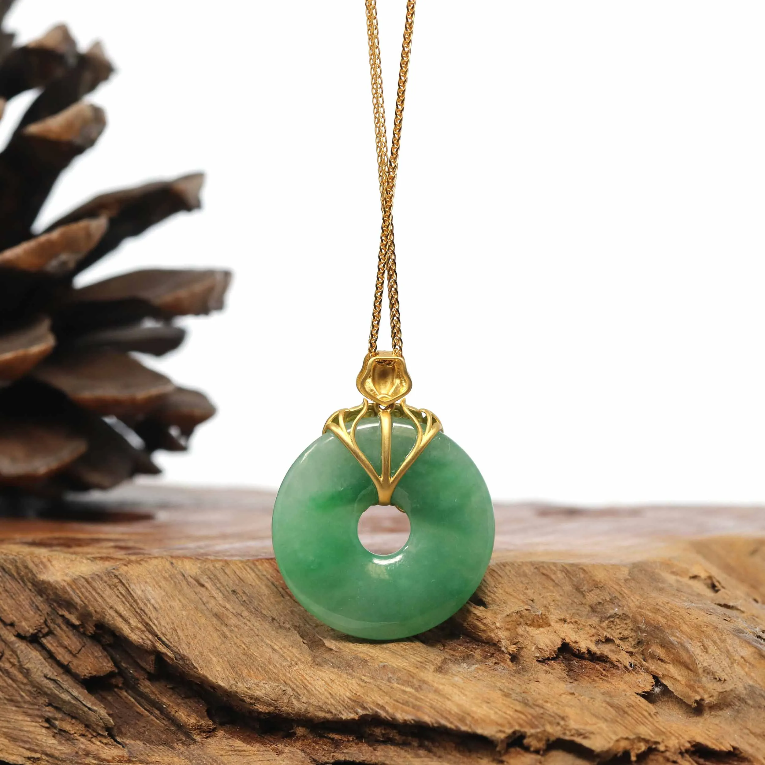 18K Yellow Gold "Good Luck Button" Necklace Forest Green Jadeite Jade Pendant Necklace