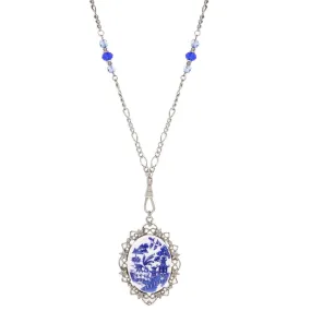 1928 Jewelry Light Sapphire Crystal Blue Willow Pagoda Oval Swivel Pendant Necklace 30"L