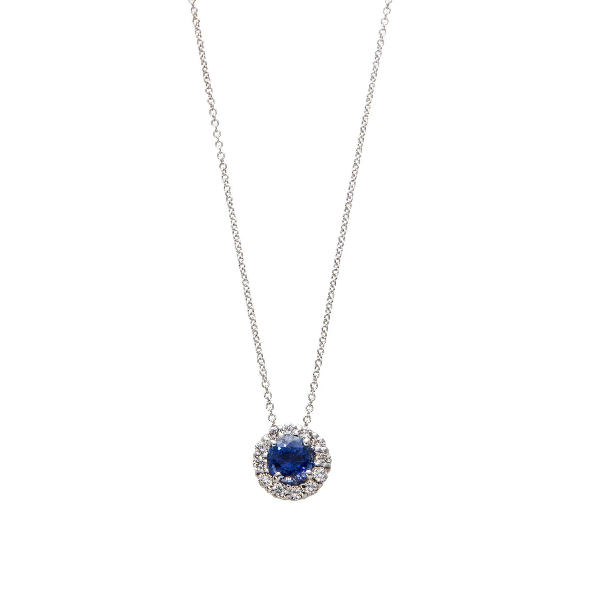 1ctw Sapphire & Diamond Halo 18K White Gold Pendant Necklace