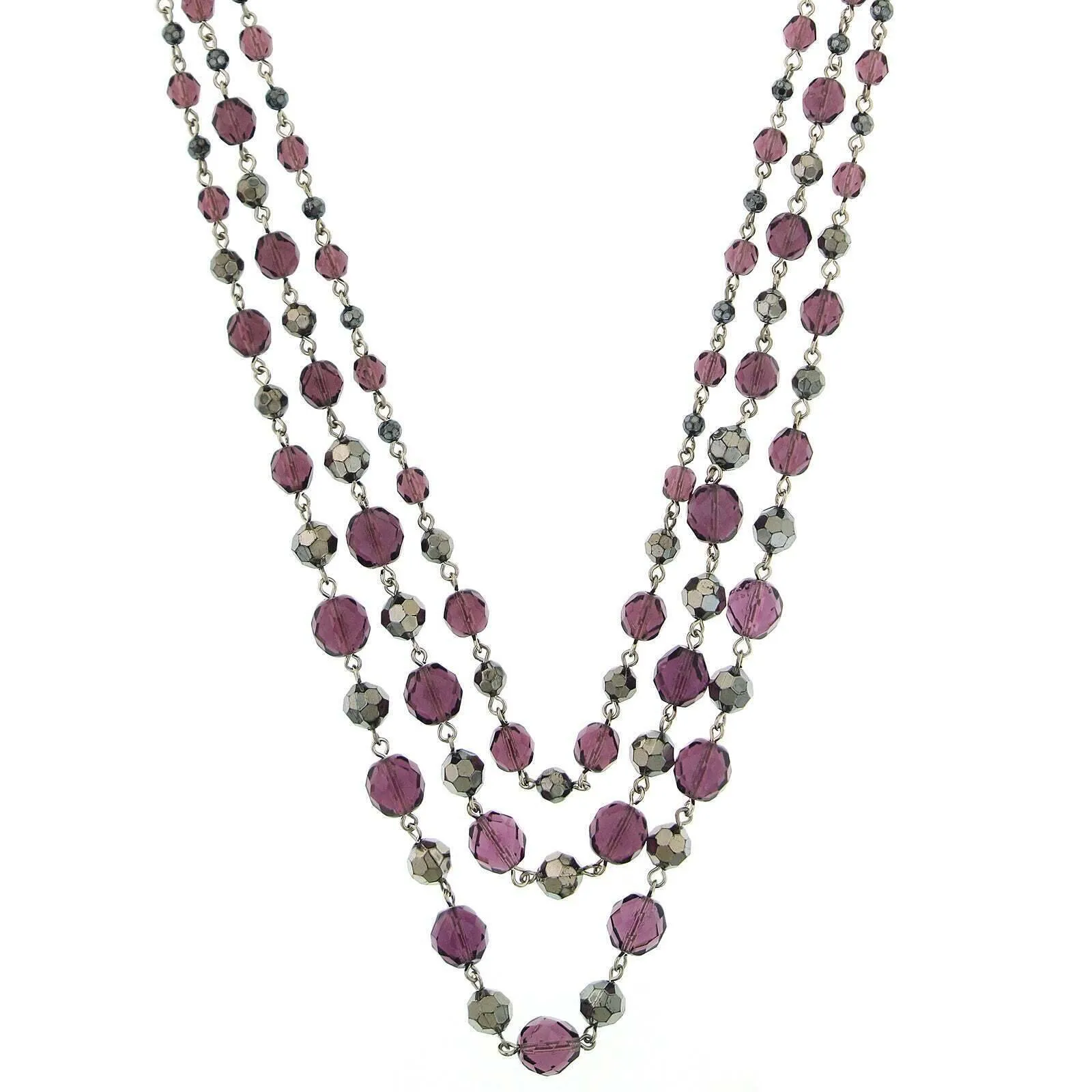 2028 Jewelry Amethyst Purple and Hematite-Color Beaded 3-Strand Necklace 16"   3" Extender