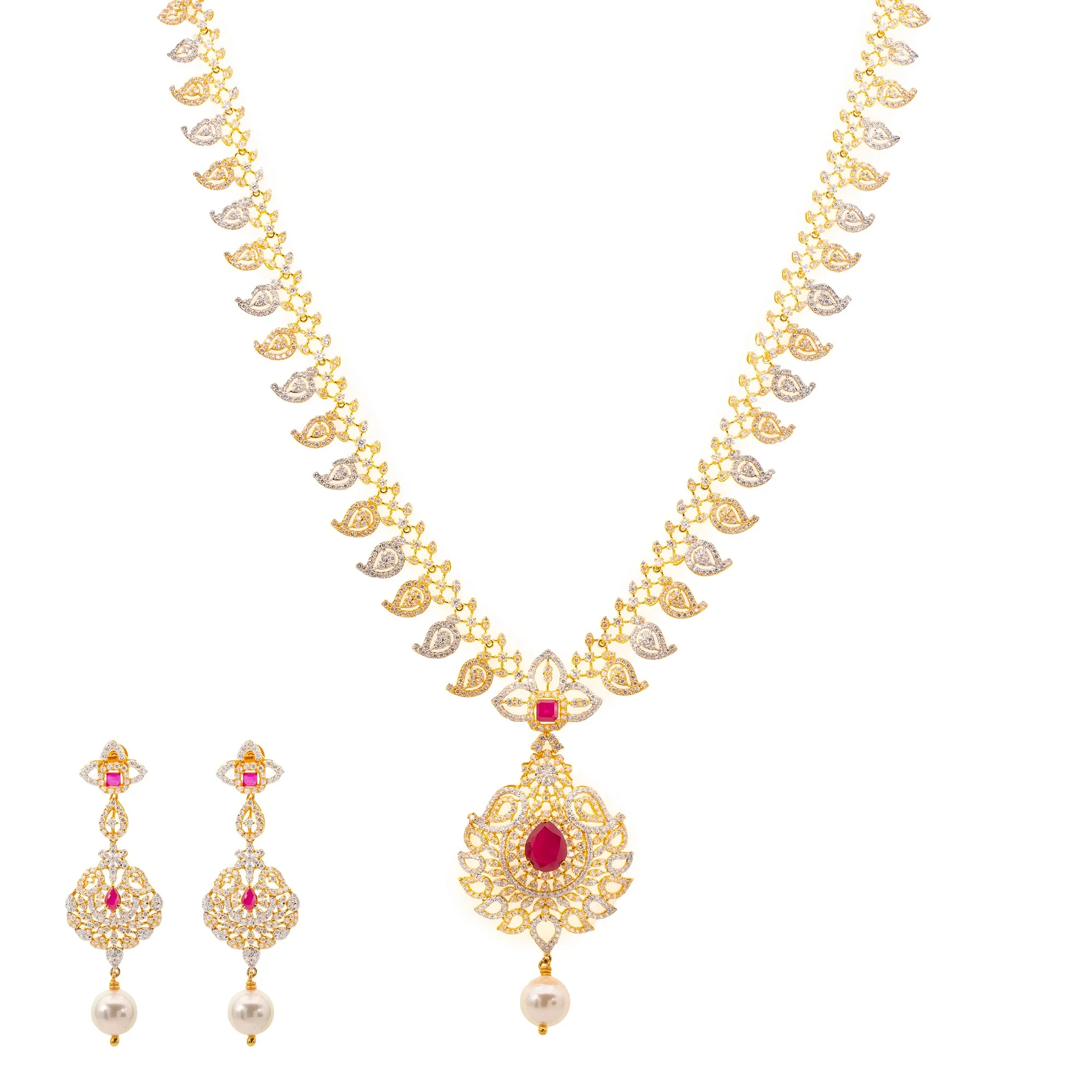 22K Gold, Ruby, & Pearls Veena Jewelry Set (101.8gm)