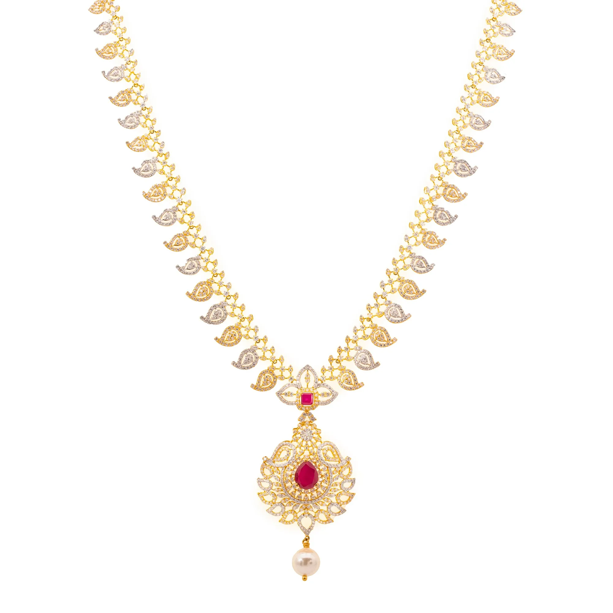 22K Gold, Ruby, & Pearls Veena Jewelry Set (101.8gm)