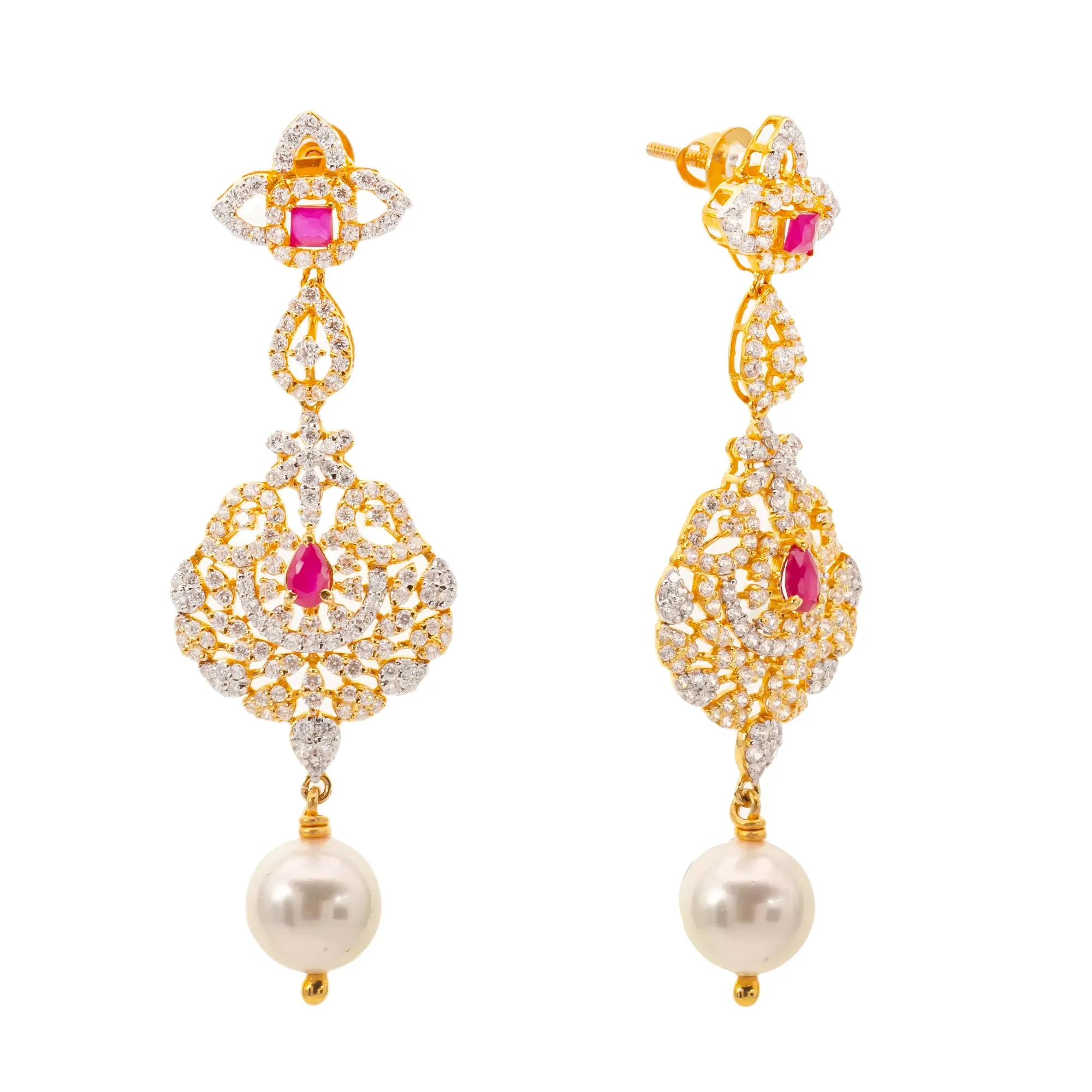 22K Gold, Ruby, & Pearls Veena Jewelry Set (101.8gm)