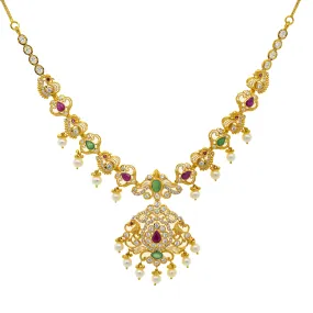 22K Yellow Gold 20 Inch Necklace w/ Emerald, Ruby, CZ, & Pearl (41.6gm)