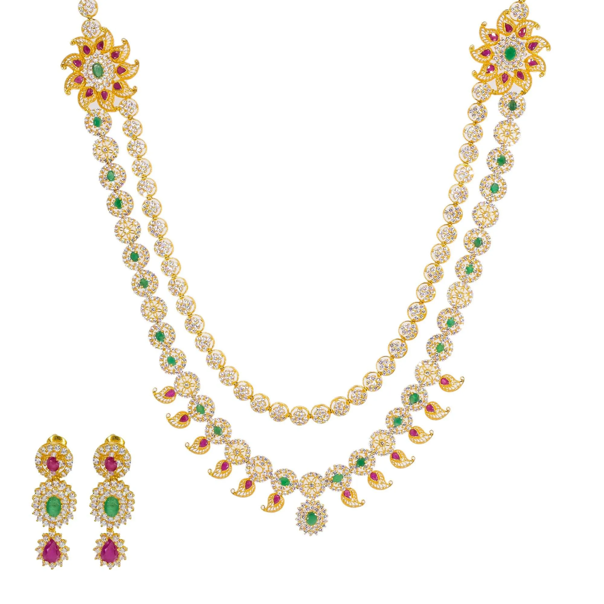 22K Yellow Gold Long Necklace & Earrings Set W/ CZ, Emeralds, Rubies & Encrusted Mango Accents