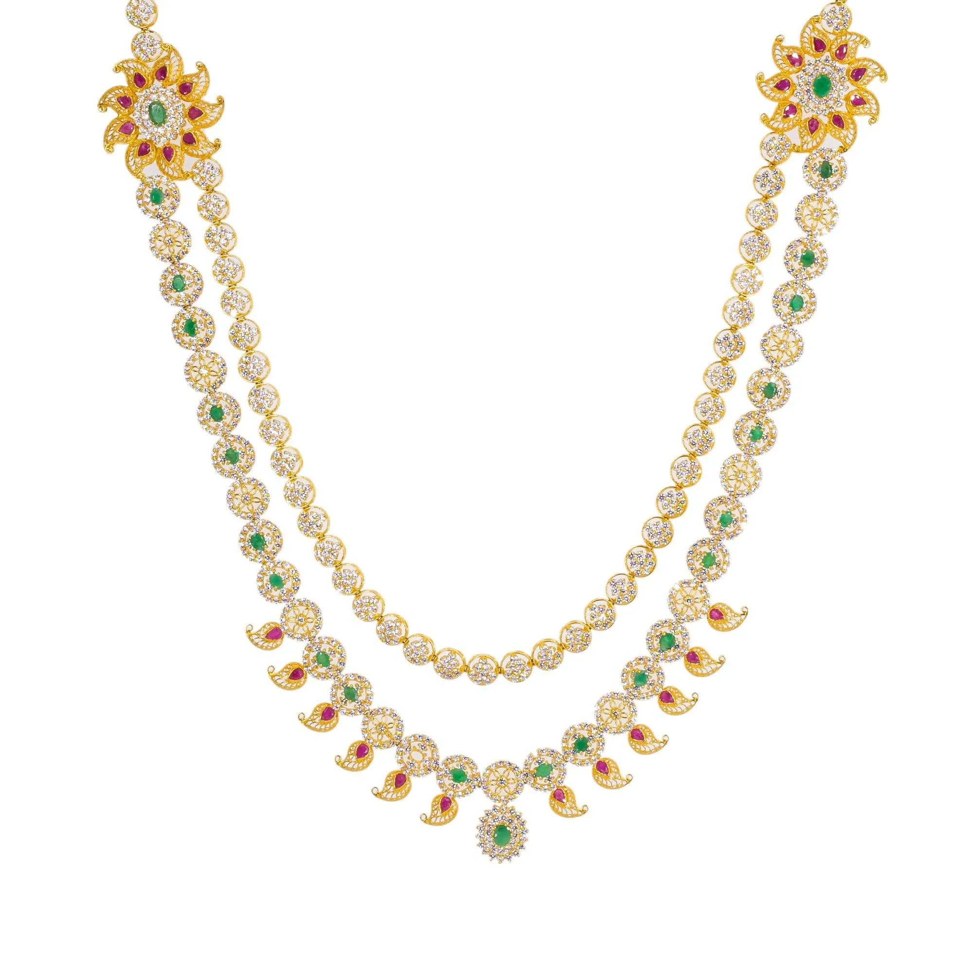 22K Yellow Gold Long Necklace & Earrings Set W/ CZ, Emeralds, Rubies & Encrusted Mango Accents