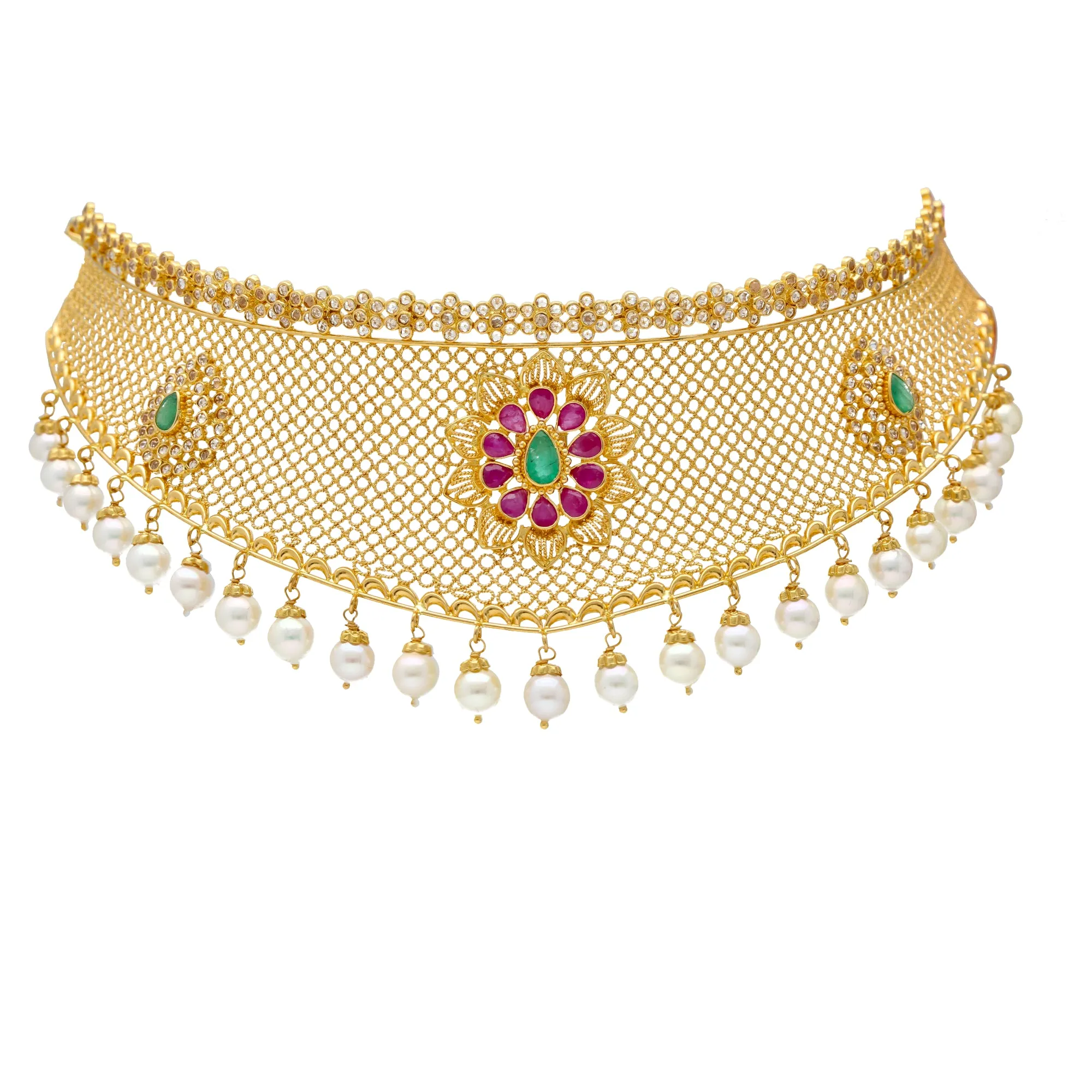 22K Yellow Gold Polki Choker Set with Gemstones & Pearls (68.5 grams)