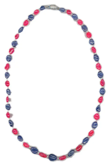 23 BEAD SAPPHIRES=53.27ctw 22 BEAD RUBIES=36.78ctw 44 DIAMONDS=6.57ctw NECKLACE 17"