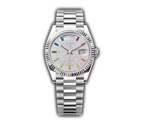 36mm Platinum President Fluted Bezel Diamond Paved Rainbow Dial