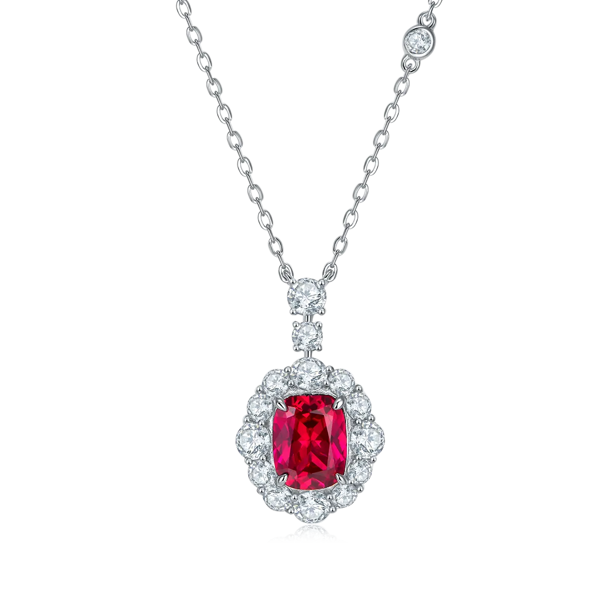 4.0 Carat Rectangular Lab-Created Ruby Oval Halo Necklace in S925 Silver Plated Platinum