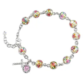 8mm Rose Embedded Murano Glass Bead Rosary Bracelet - BX7680