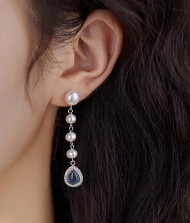 925 Silver Blue Pearl Tassel Drop Earrings