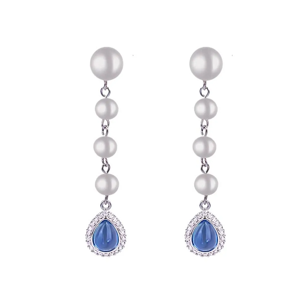 925 Silver Blue Pearl Tassel Drop Earrings