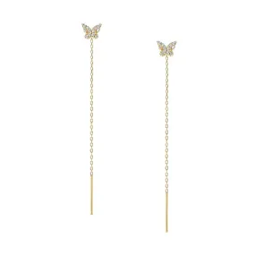 925 Silver Butterfly Long Drop Earrings CZ Diamond