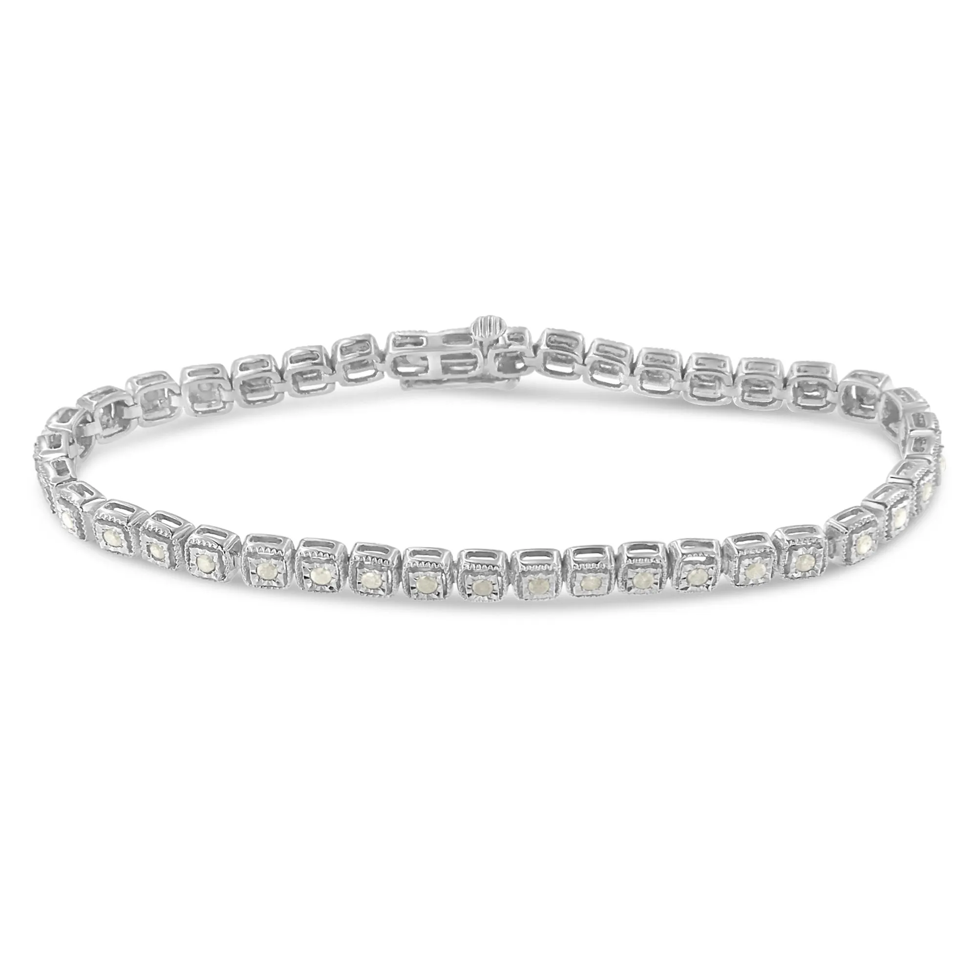 .925 Sterling Silver 1.0 Cttw Diamond Miracle-Set Square Milgrain 7" Link Tennis Bracelet