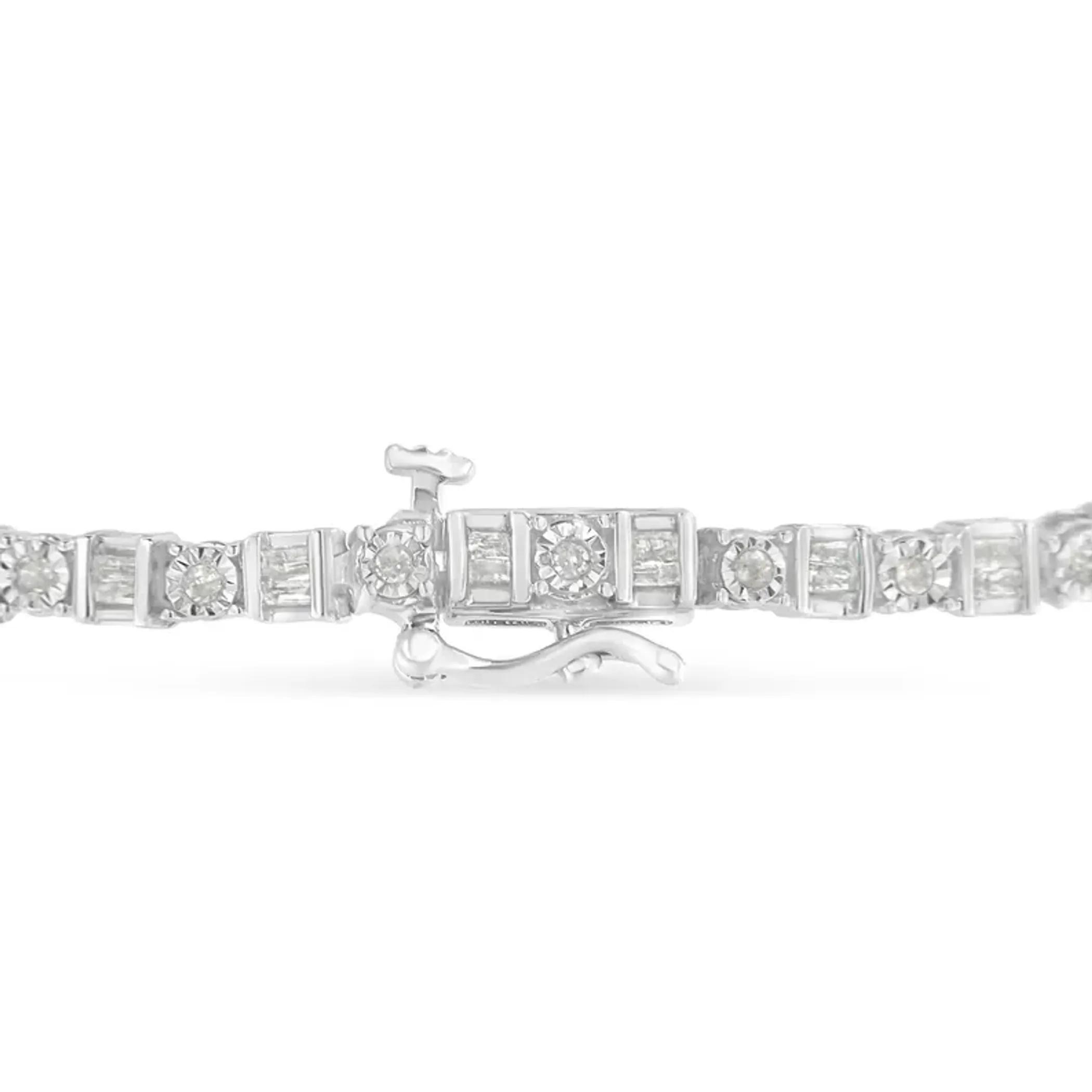 .925 Sterling Silver 1.0 Cttw Round & Baguette Cut Diamond 7" Alternating Round and Square Station Tennis Bracelet (I-J Color, I3 Clarity)