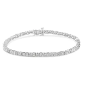 .925 Sterling Silver 1.0 Cttw Round & Baguette Cut Diamond 7" Alternating Round and Square Station Tennis Bracelet