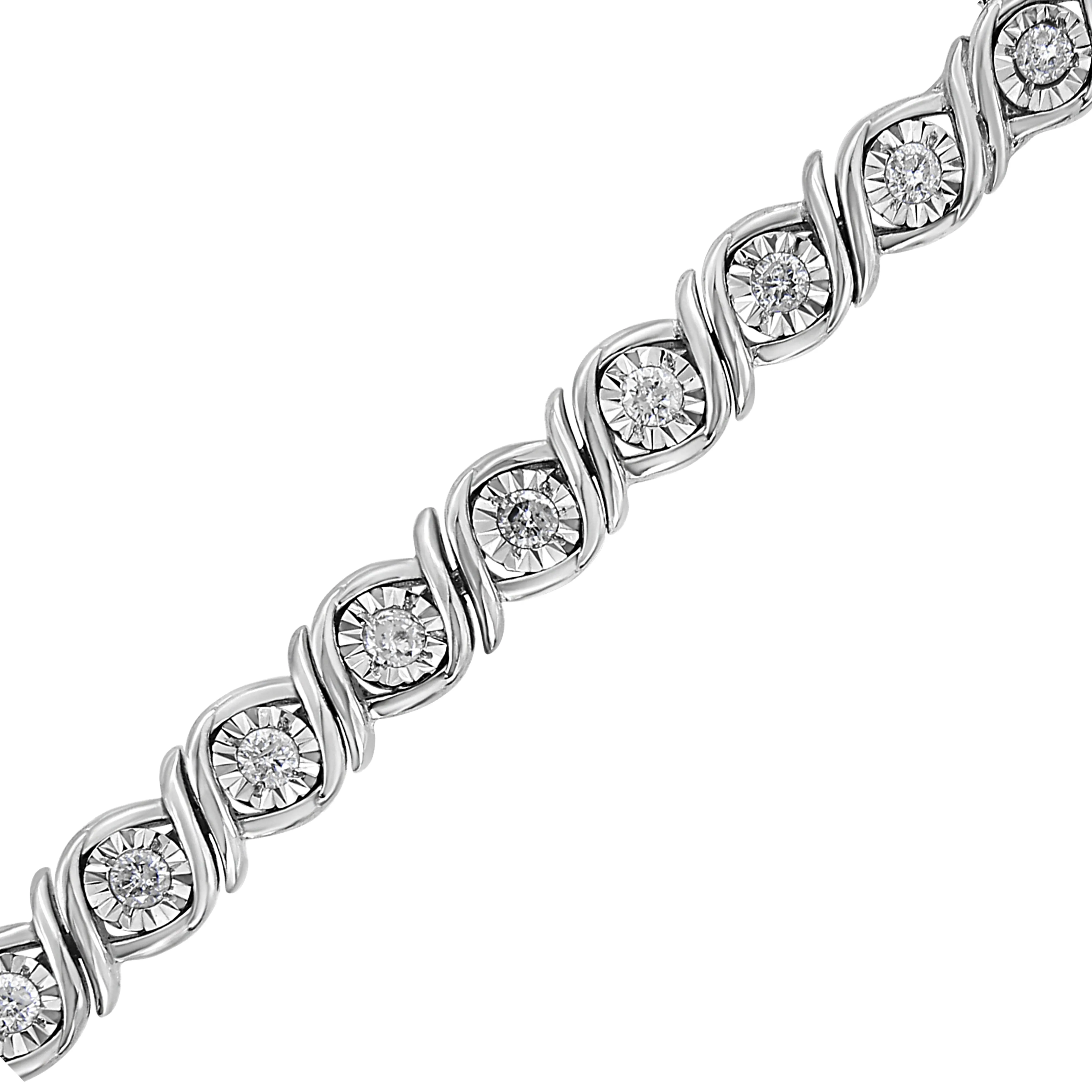 .925 Sterling Silver 1.0 Cttw Round Diamond Miracle Plate and "S" Link Tennis Bracelet