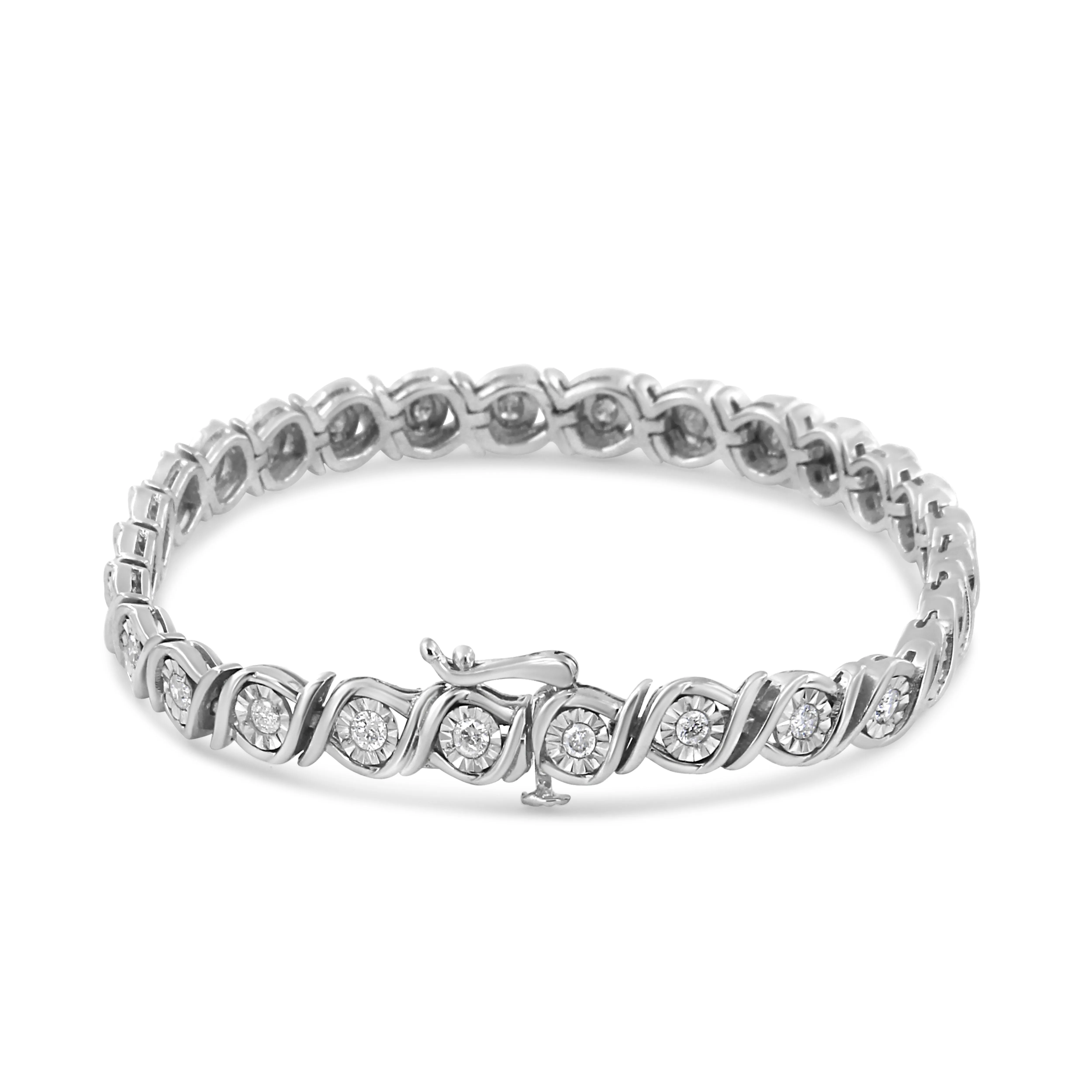 .925 Sterling Silver 1.0 Cttw Round Diamond Miracle Plate and "S" Link Tennis Bracelet