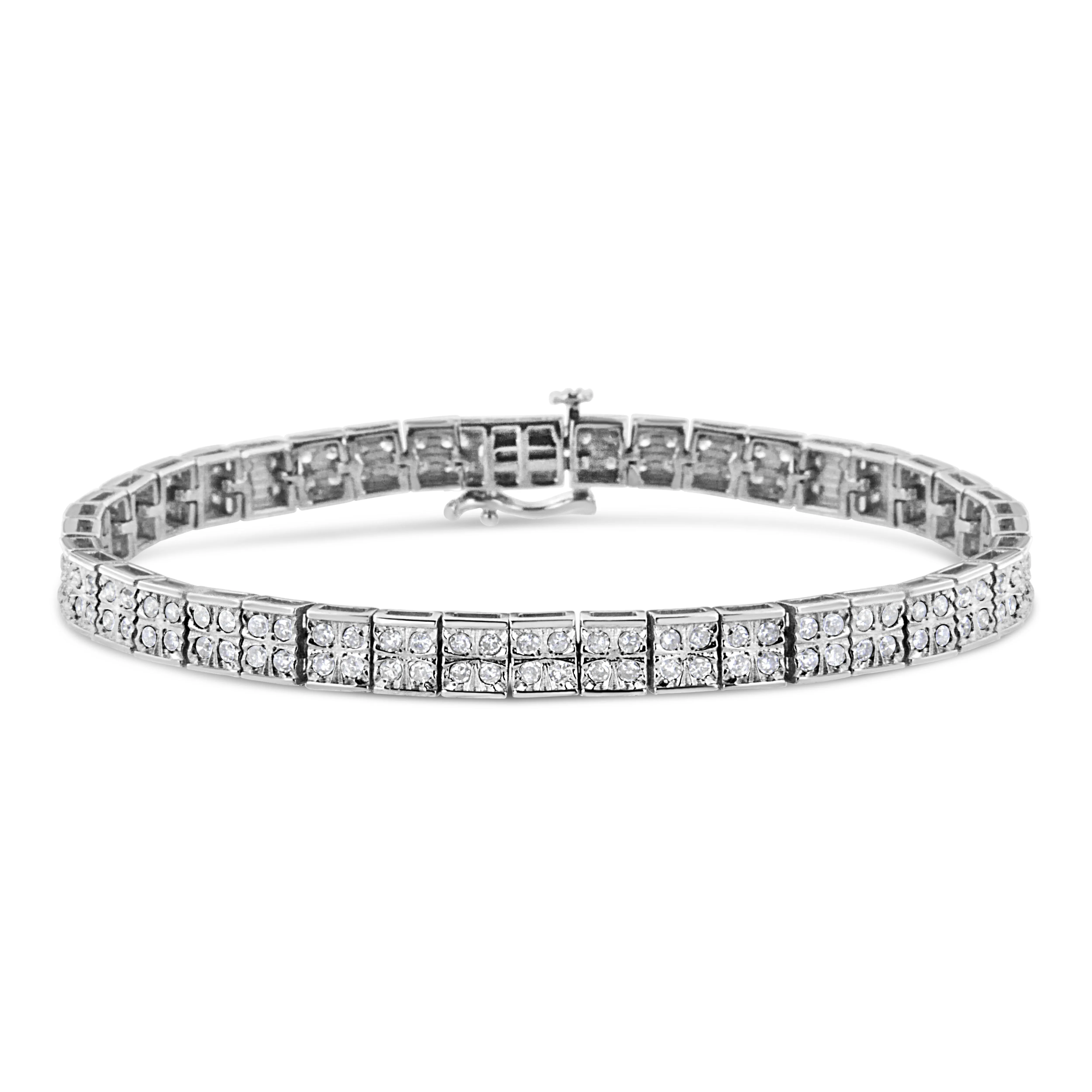 .925 Sterling Silver 2 Cttw Prong Set Round-Cut Diamond 4 Stone Box Link Bracelet