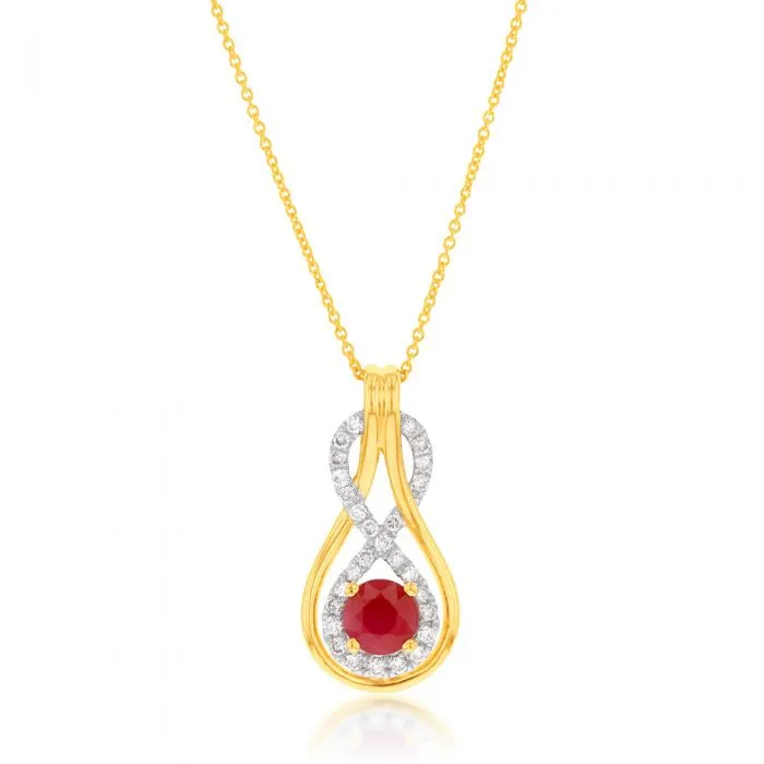 9ct Yellow Gold Natural Ruby 5mm and Diamond 0.22ct Infinity Pendant with 45cm Chain