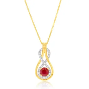 9ct Yellow Gold Natural Ruby 5mm and Diamond 0.22ct Infinity Pendant with 45cm Chain