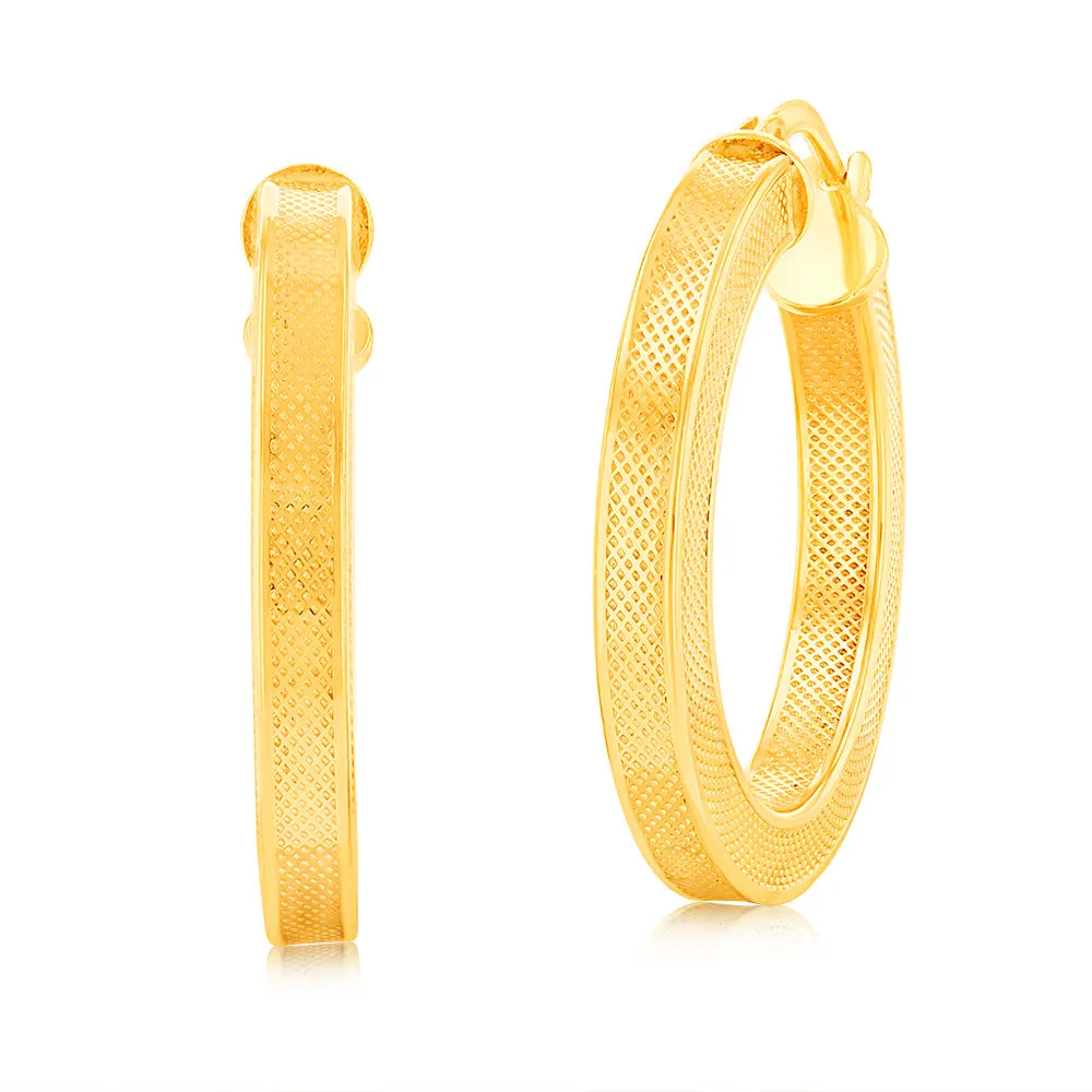 9ct Yellow Gold Silverfilled Patterned Square Tube 20mm Hoop Earrings