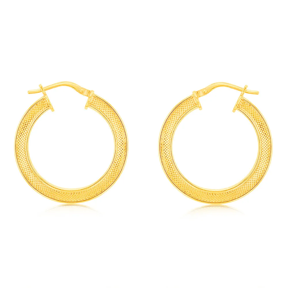 9ct Yellow Gold Silverfilled Patterned Square Tube 20mm Hoop Earrings