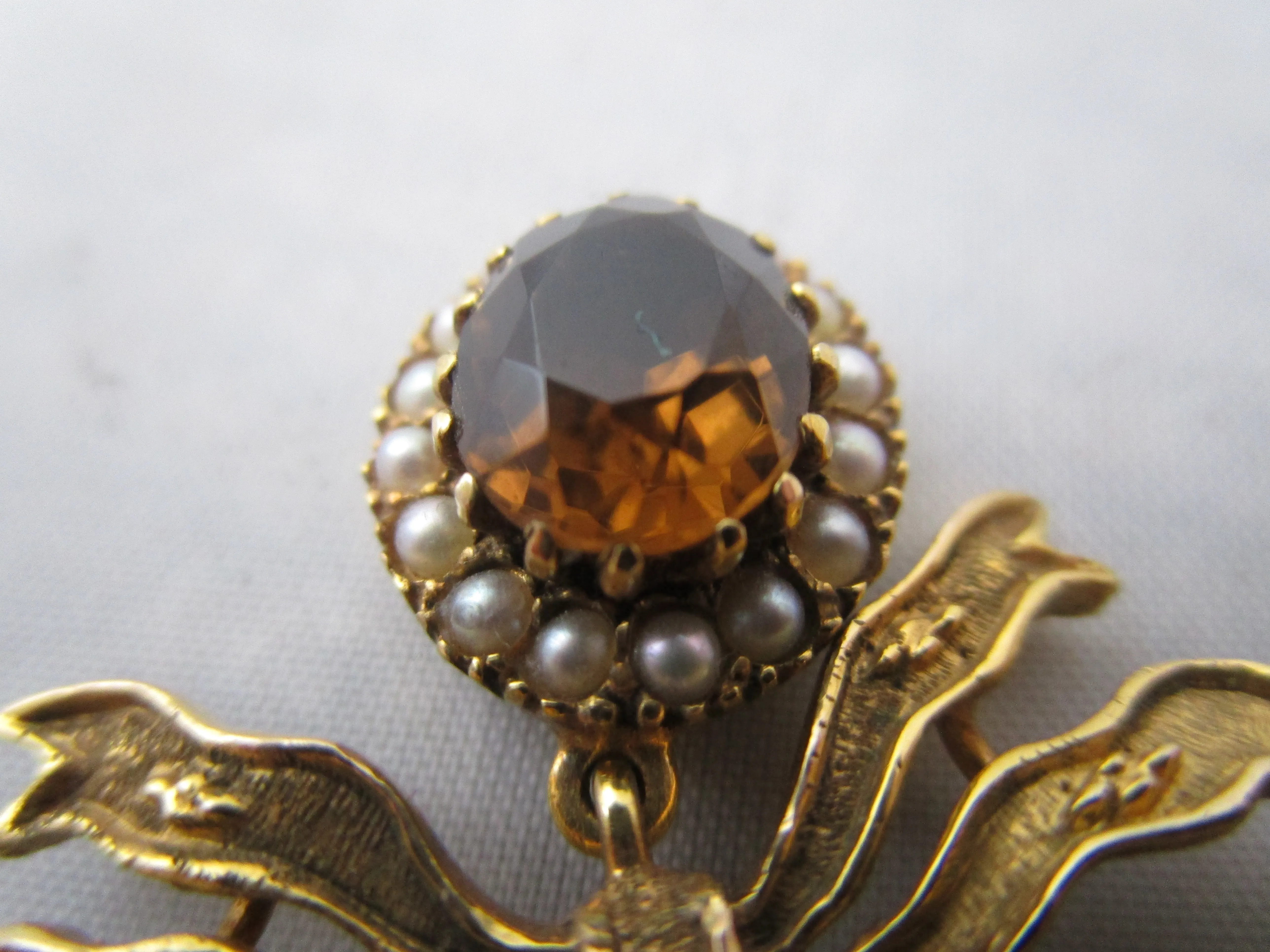 9K Gold Citrine And Seed Pearl Bow Brooch Pin Antique Victorian c1900