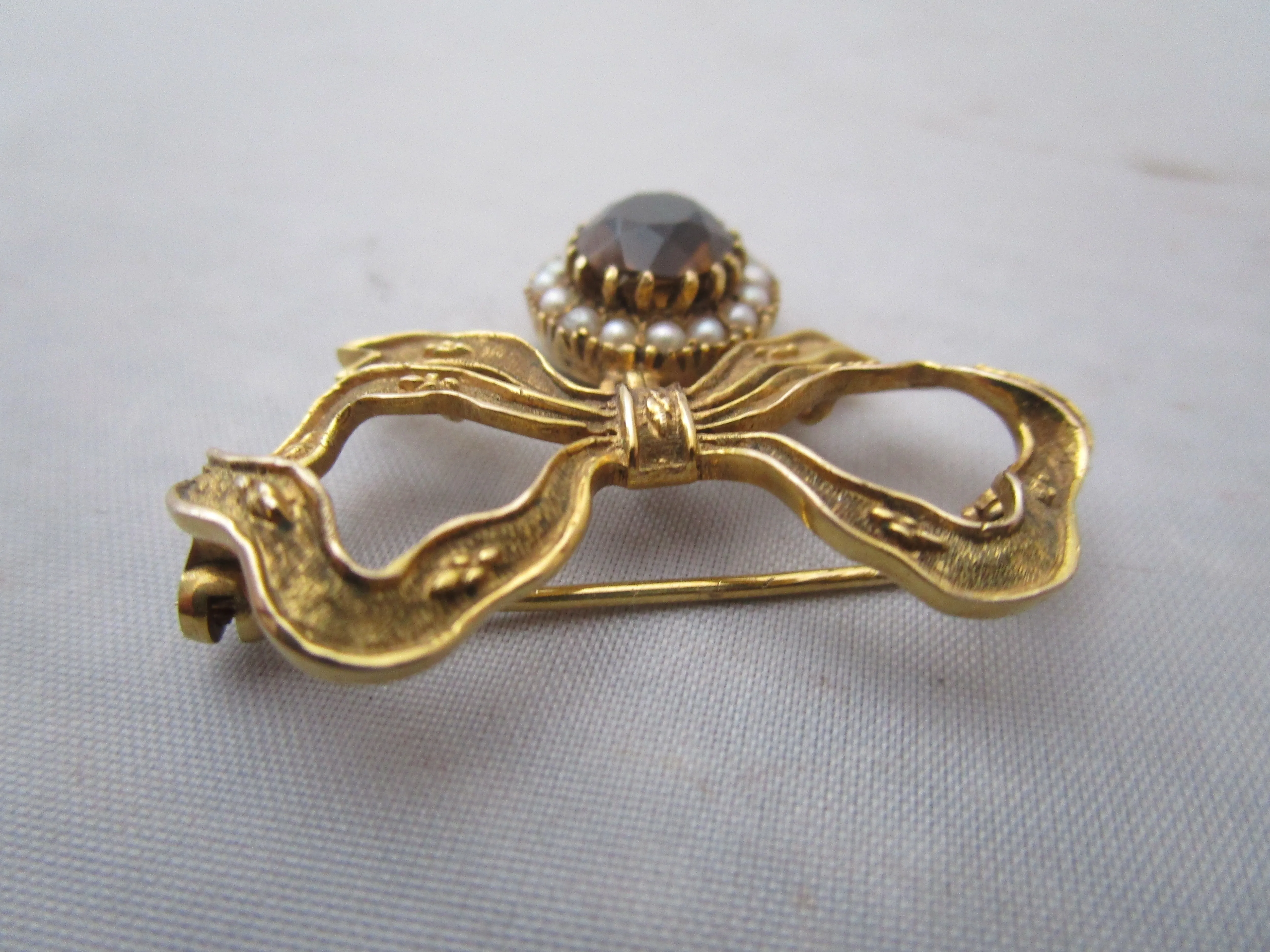 9K Gold Citrine And Seed Pearl Bow Brooch Pin Antique Victorian c1900