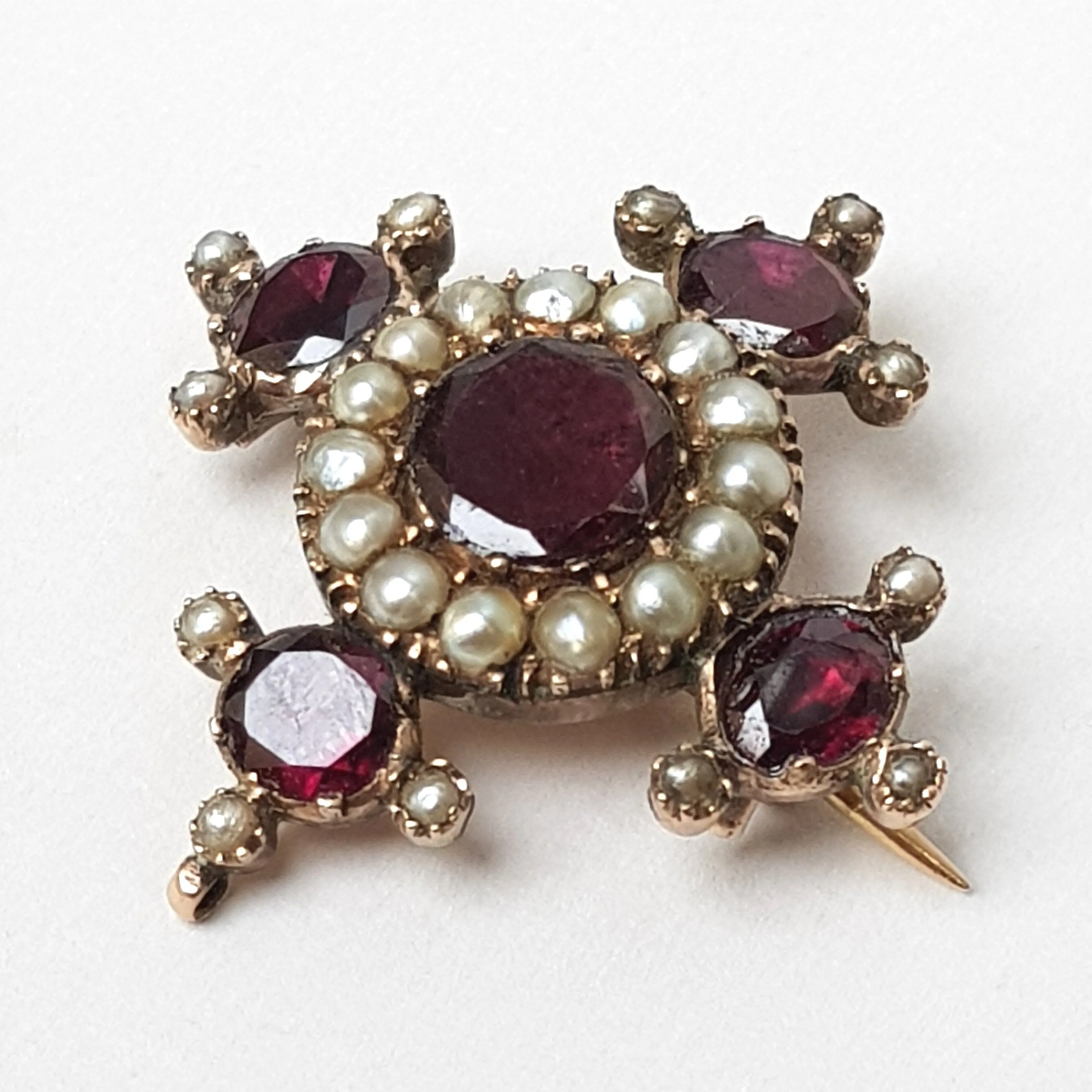 9k Rose Gold Almandine Garnet And Pearl Budded Croix Cross Brooch Antique Georgian Circa 1810