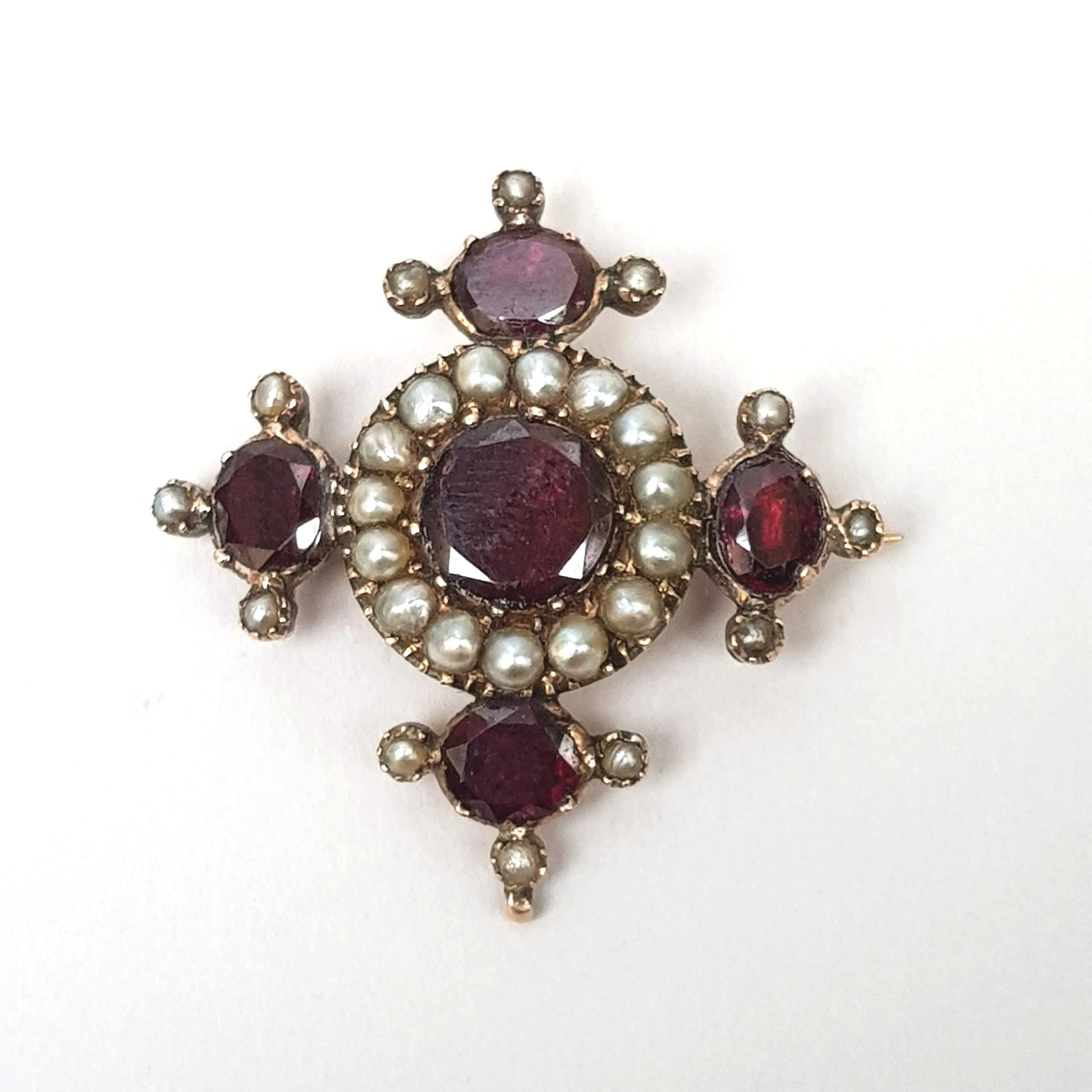 9k Rose Gold Almandine Garnet And Pearl Budded Croix Cross Brooch Antique Georgian Circa 1810