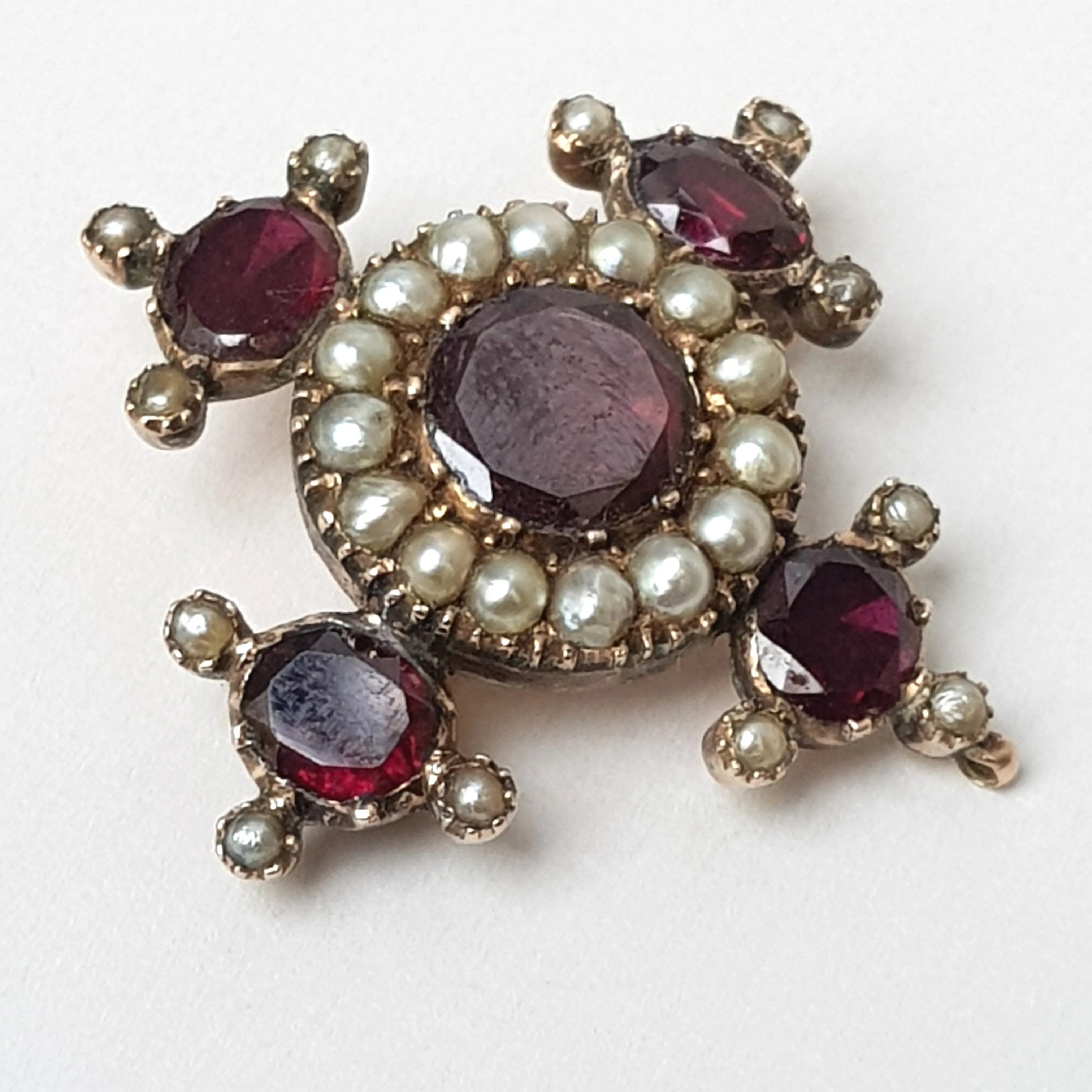 9k Rose Gold Almandine Garnet And Pearl Budded Croix Cross Brooch Antique Georgian Circa 1810