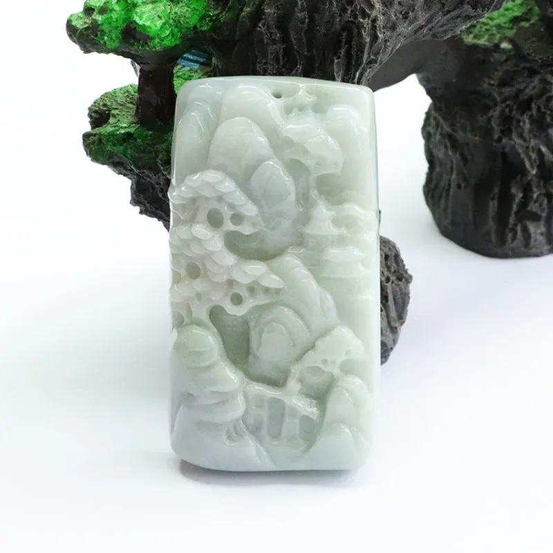 A-grade Jade Pendant with Thick Landscape Carving and Sterling Silver Needle