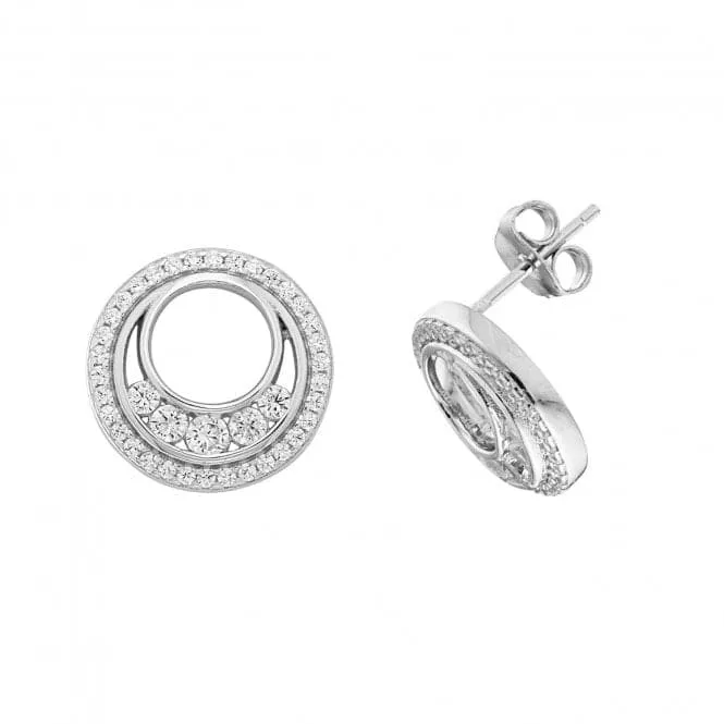 Acotis Silver Stud Earrings Double Circle Rhodium Plated Zirconia G51201