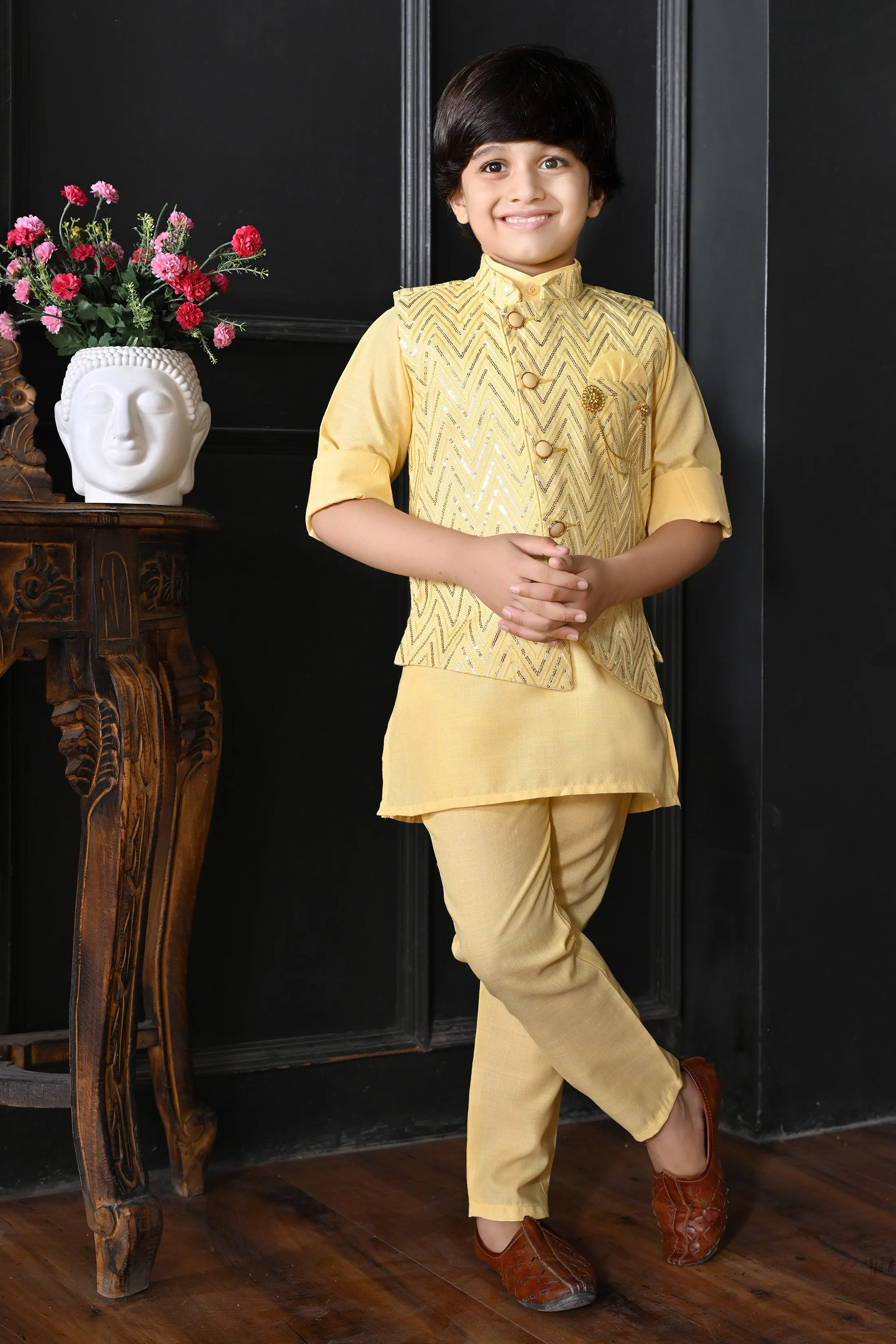 Ahhaaaa Kids Bollywood Style Print Indo-Western Sherwani Set For Boys