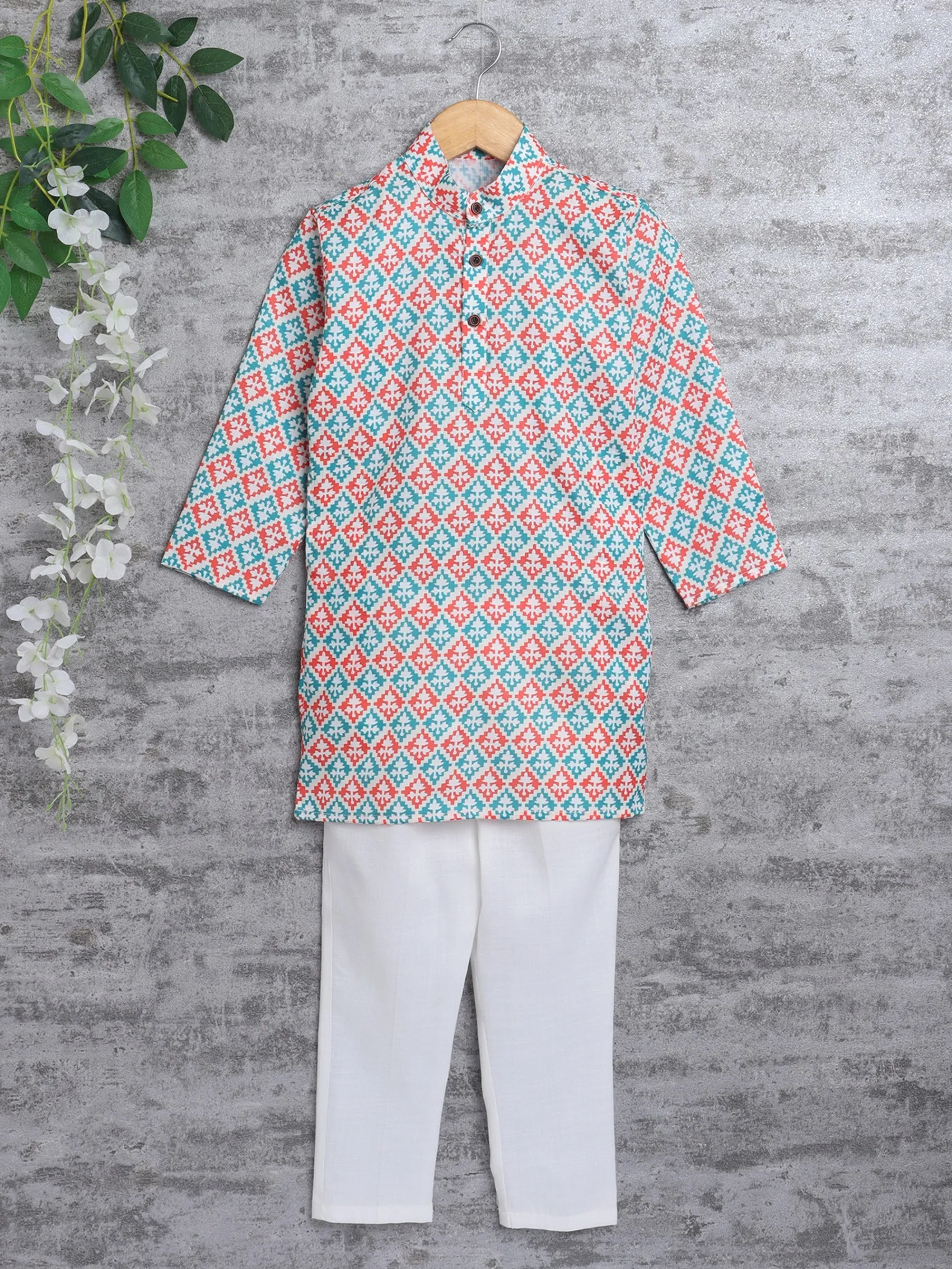 Ahhaaaa Kid's Boys Traditional Ethnic Wear Handloom Printed Cotton Kurta with White Pyjama Set