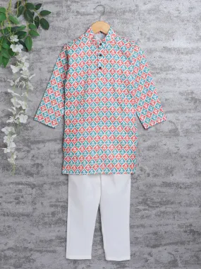 Ahhaaaa Kid's Boys Traditional Ethnic Wear Handloom Printed Cotton Kurta with White Pyjama Set