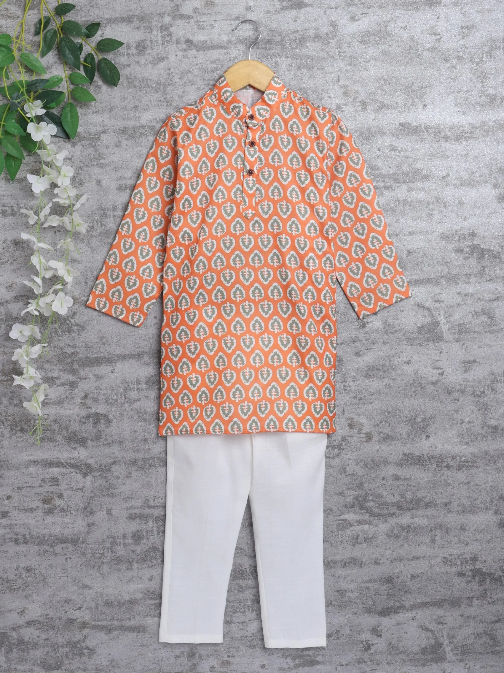 Ahhaaaa Kid's Boys Traditional Ethnic Wear Handloom Printed Cotton Kurta with White Pyjama Set