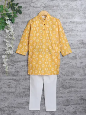 Ahhaaaa Kid's Boys Traditional Ethnic Wear Handloom Printed Cotton Kurta with White Pyjama Set