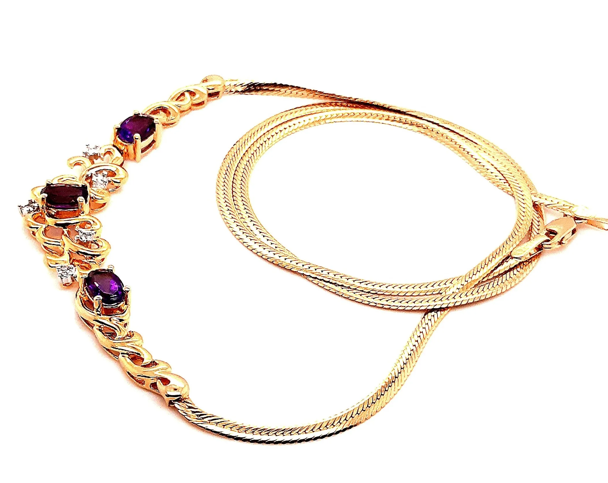 Amethyst & Diamond 9ct Yellow Gold Necklet with Serpentine Chain