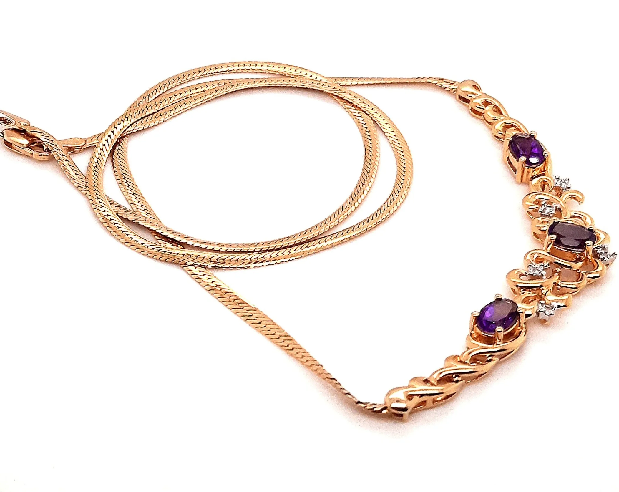 Amethyst & Diamond 9ct Yellow Gold Necklet with Serpentine Chain