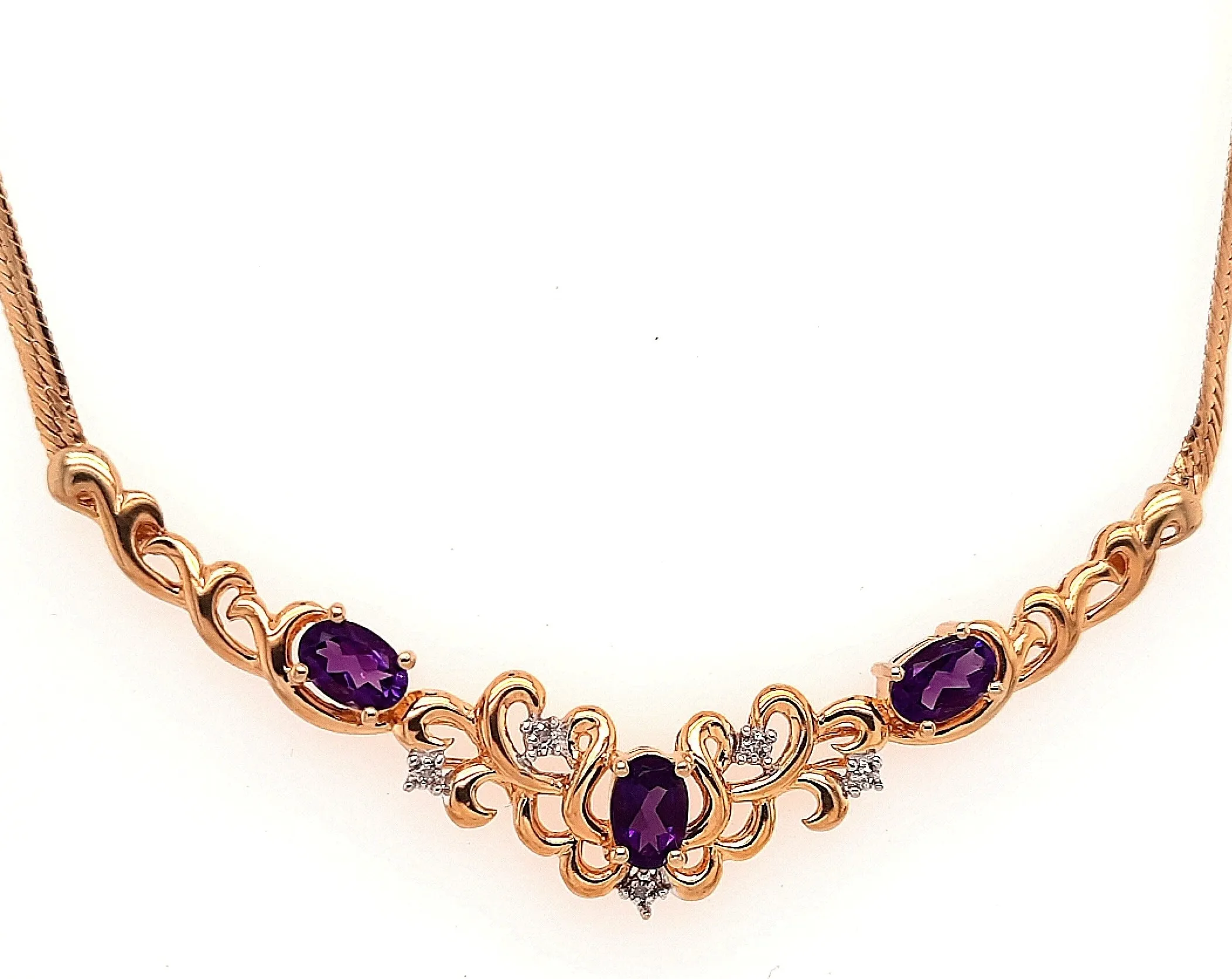 Amethyst & Diamond 9ct Yellow Gold Necklet with Serpentine Chain