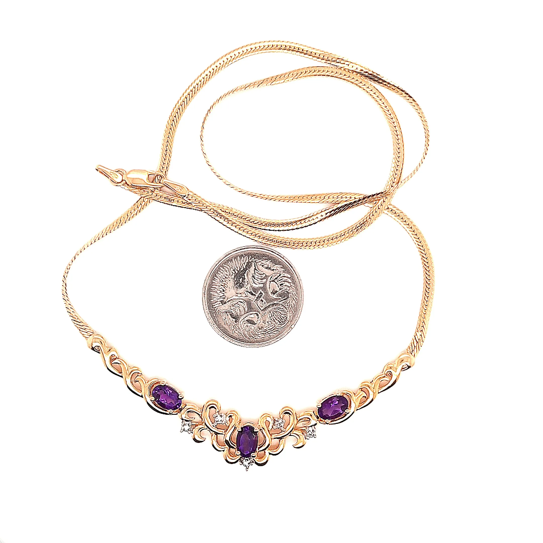 Amethyst & Diamond 9ct Yellow Gold Necklet with Serpentine Chain